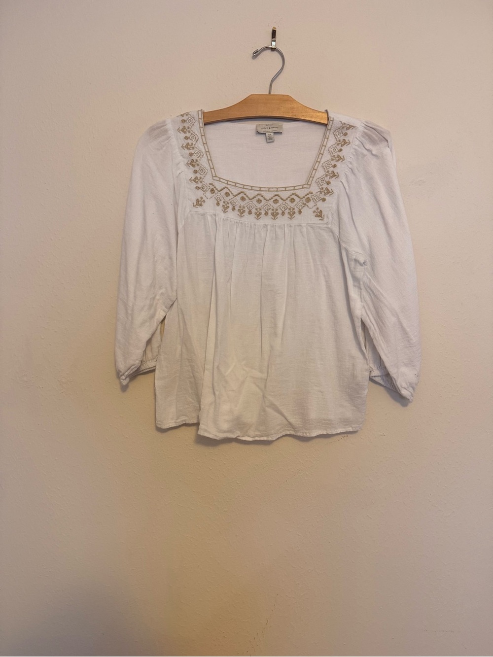 Lucky Brand White Square-Neck Embroidered Peasant Blouse